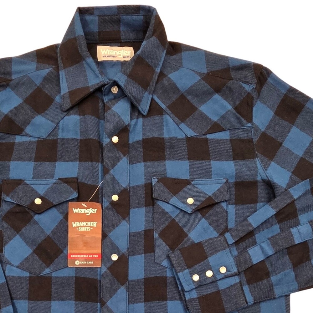NWT Wrangler Wrancher Pearl Snap LS Flannel Shirt Blue Buffalo Check Mens Medium